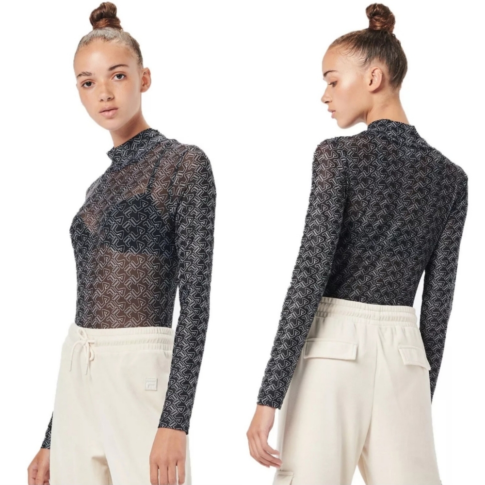 NWT Fila "Gaganga Sheer Bodysuit" Logo Black White Mock Neck | Women's Size S - Picture 3 of 11